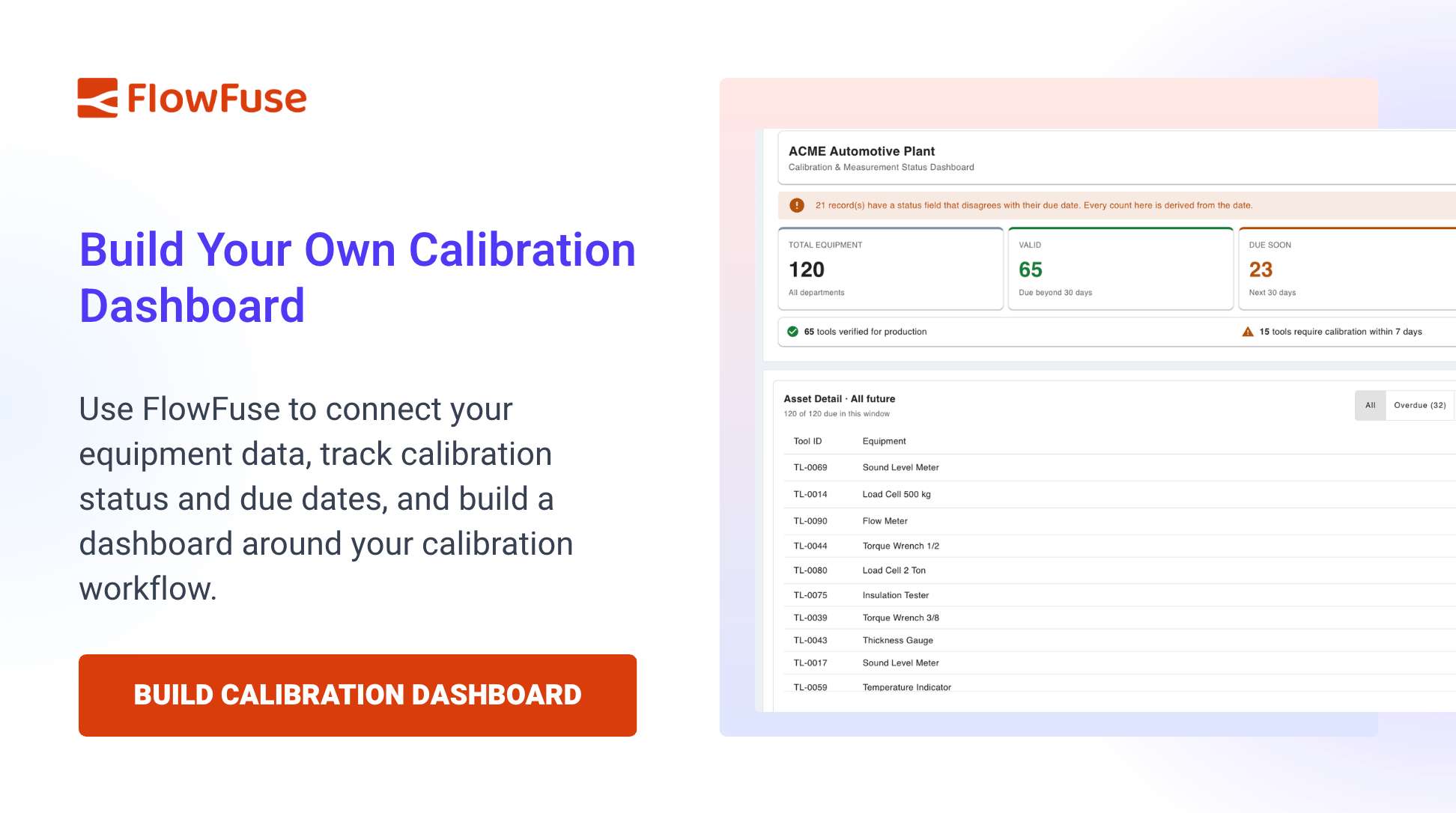 Use FlowFuse to connect your equipment data, track calibration status and due dates, and build a dashboard around your calibration workflow - build a calibration dashboard