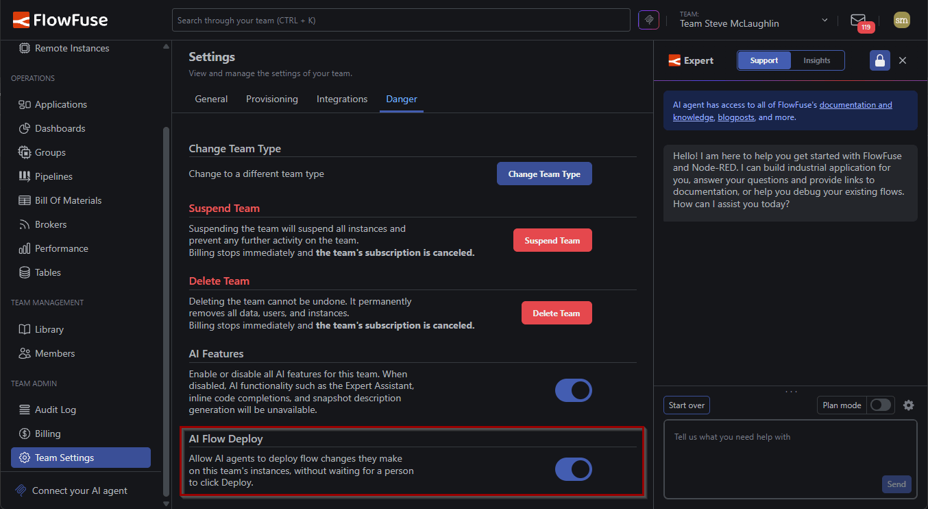 Enabling AI Flow Deploy in Team Settings