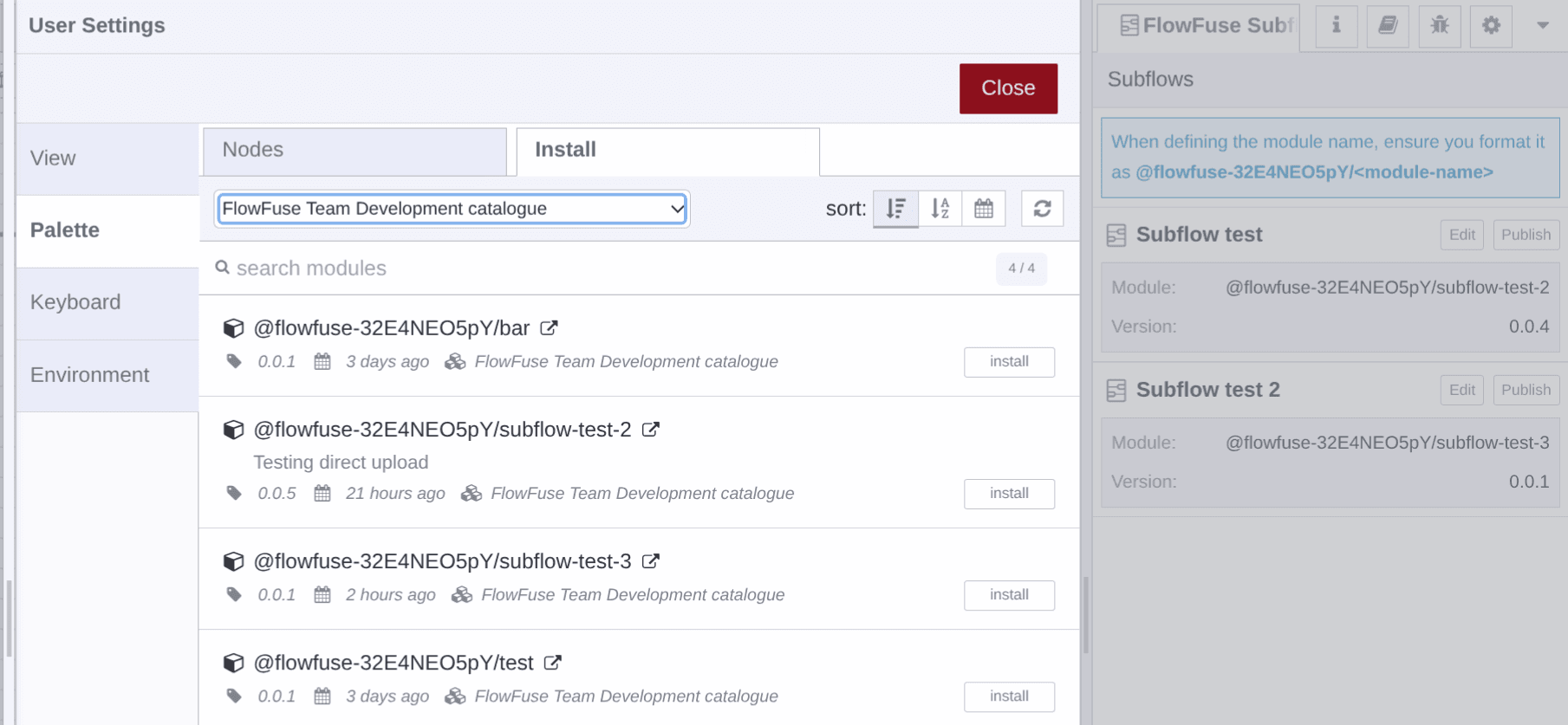 Node-RED Manage palette listing the packaged subflow modules
