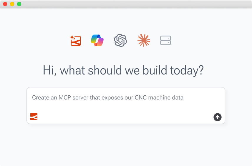 Screenshot of an AI chat interface showing supported AI tool logos and a prompt to build an MCP server exposing CNC machine data