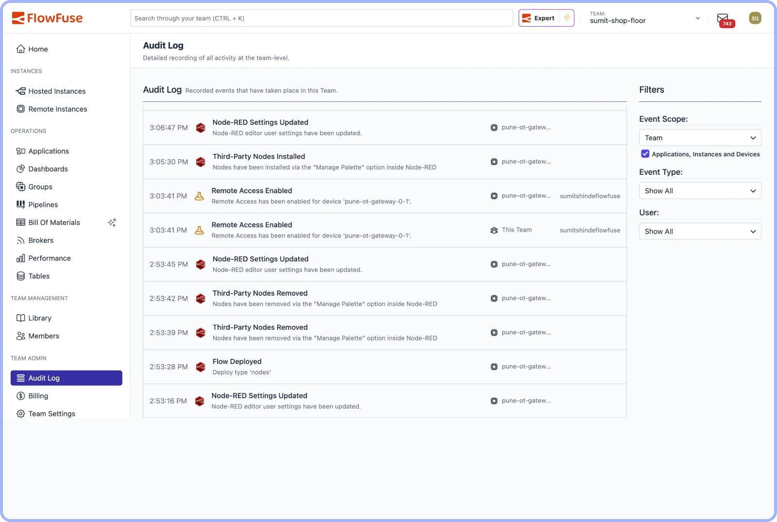 FlowFuse team Audit Log listing recent events on an OT gateway: flow deployments, Node-RED settings changes, nodes installed and removed, and remote access enabled
