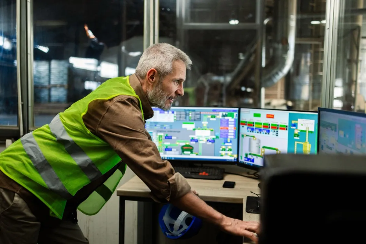 An automation and controls engineer in a hi-vis vest leaning in to check process control screens