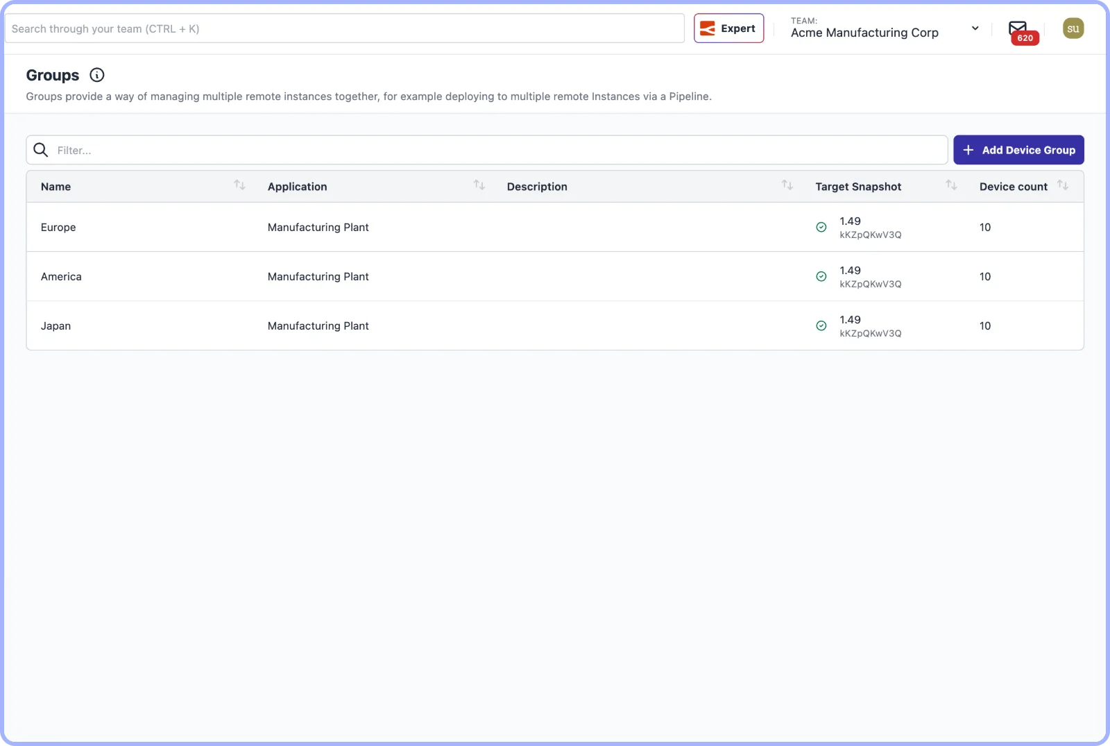 FlowFuse Groups view for a manufacturing team showing Europe, America and Japan device groups, each with its target snapshot and device count