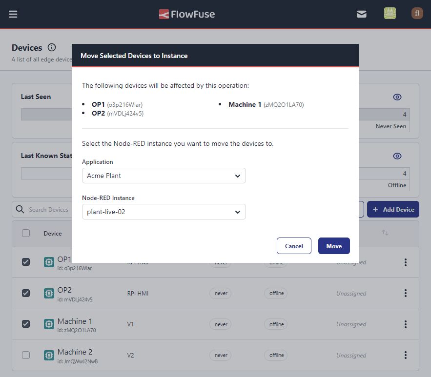 Screenshot to show the new "Move to Instance" and "Move to Application" bulk actions