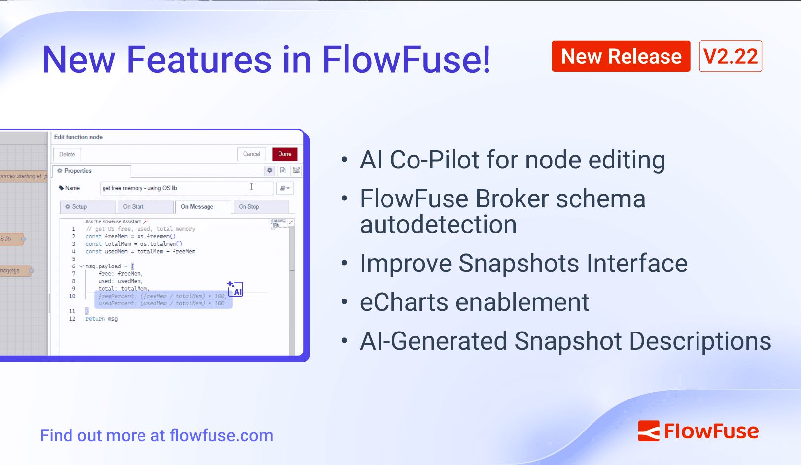 Image representing FlowFuse 2.22: AI Copilot for node editing, FlowFuse Broker schema autodetection, Improved Snapshots Interface, eCharts enablement, and FlowFuse Dashboard Updates