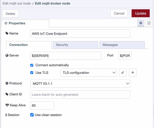 "Node-RED MQTT broker configuration showing the Connection tab with the AWS IoT endpoint entered, port set to 8883, and Enable TLS checked"