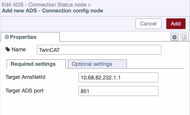Required settings tab showing Target AMS Net ID and Target ADS Port fields in the ADS connection configuration