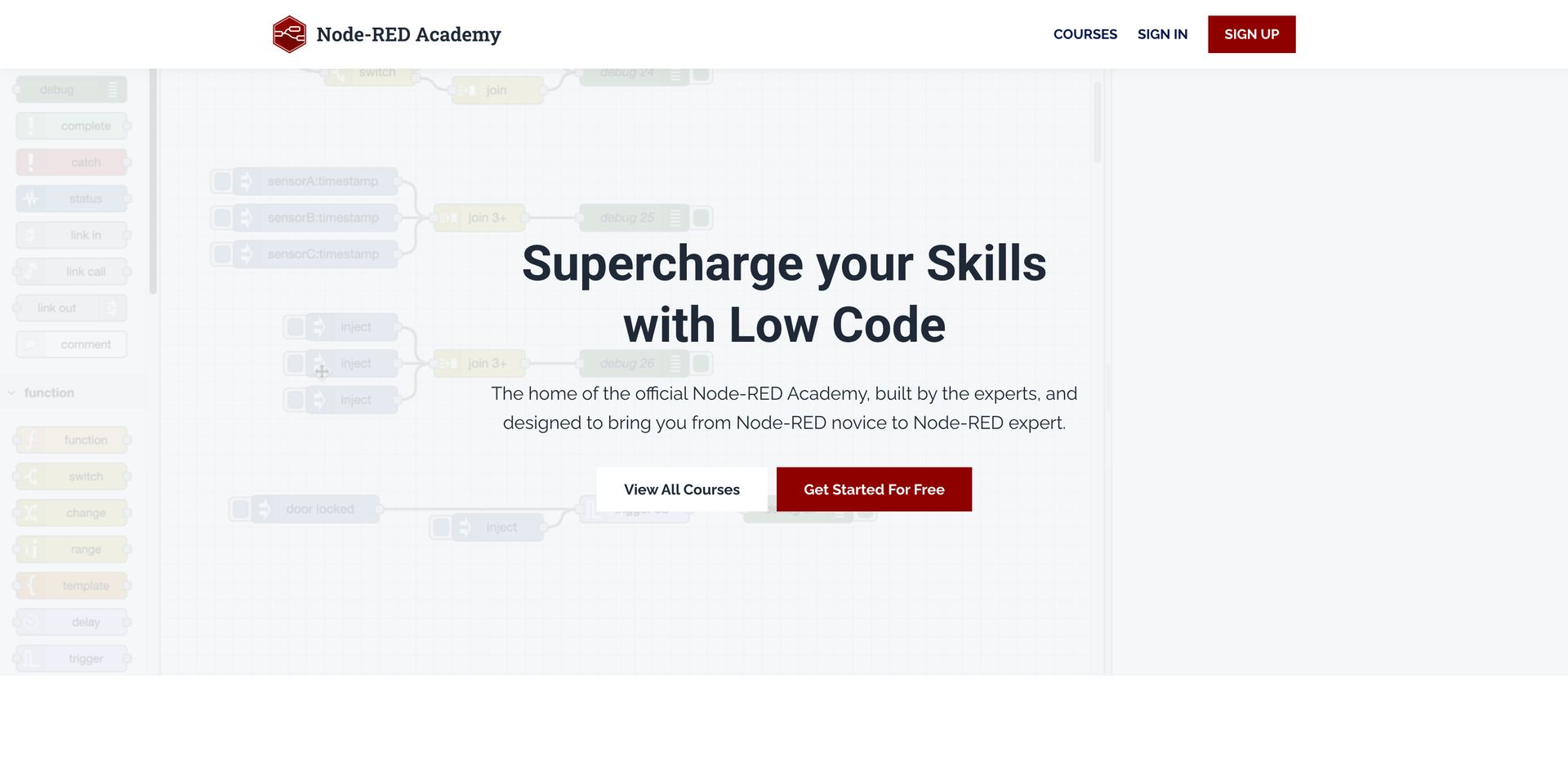 Screenshot of the Node-RED Academy home page