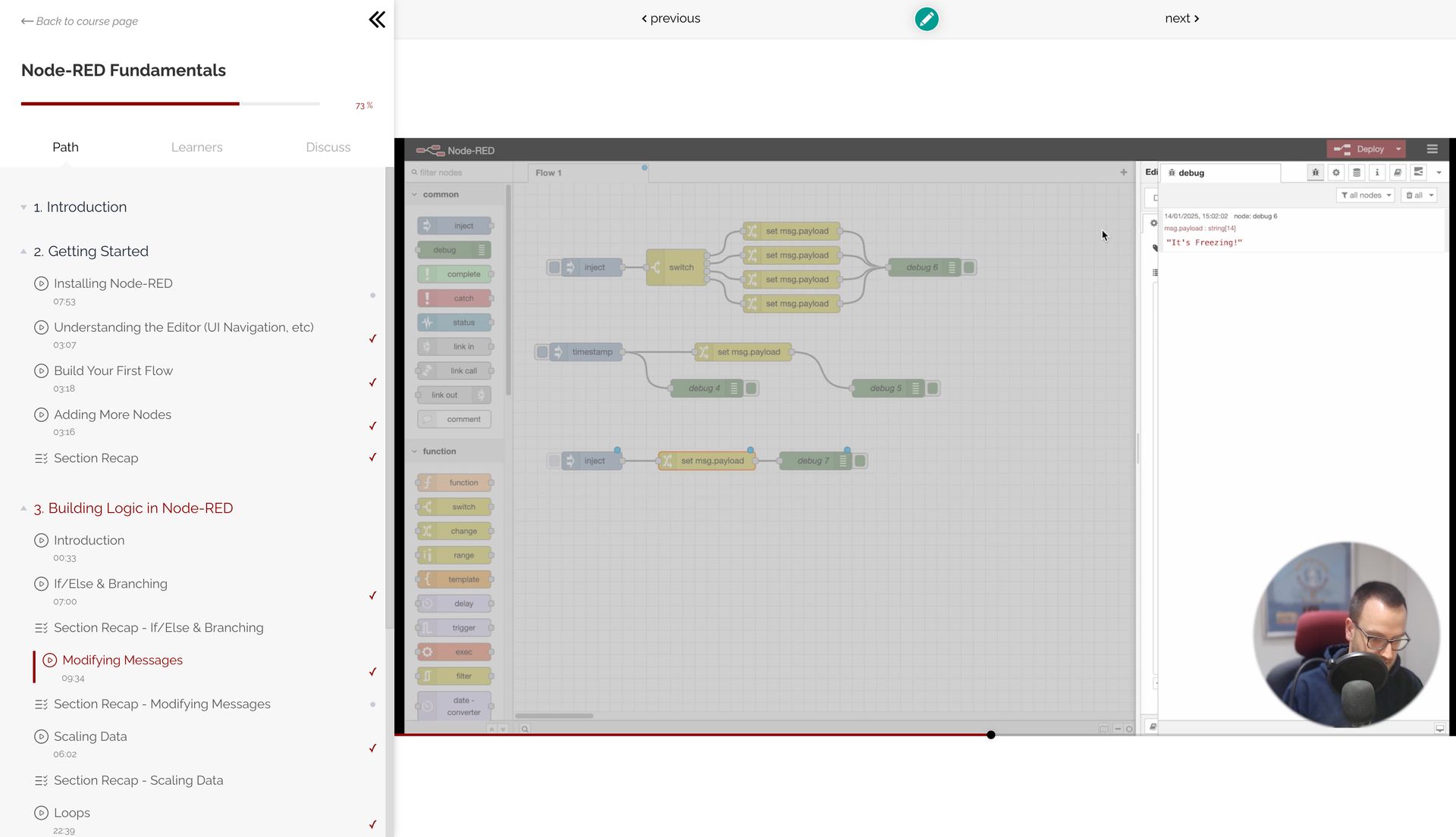 Screenshot of the Node-RED Fundamentals course in progress