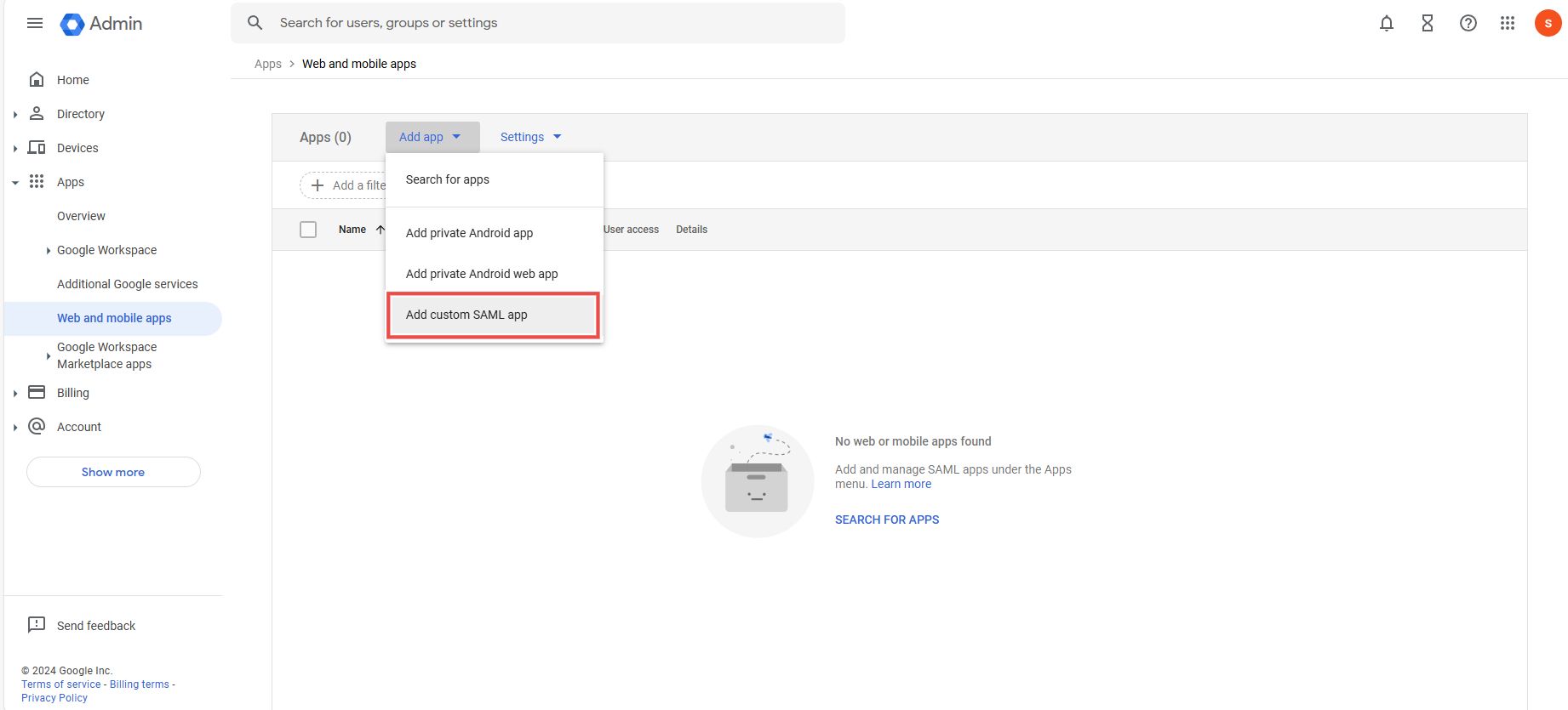 "Screenshot showing the 'Add app' and 'Add custom SAML apps' option in the Google workspace admin console"