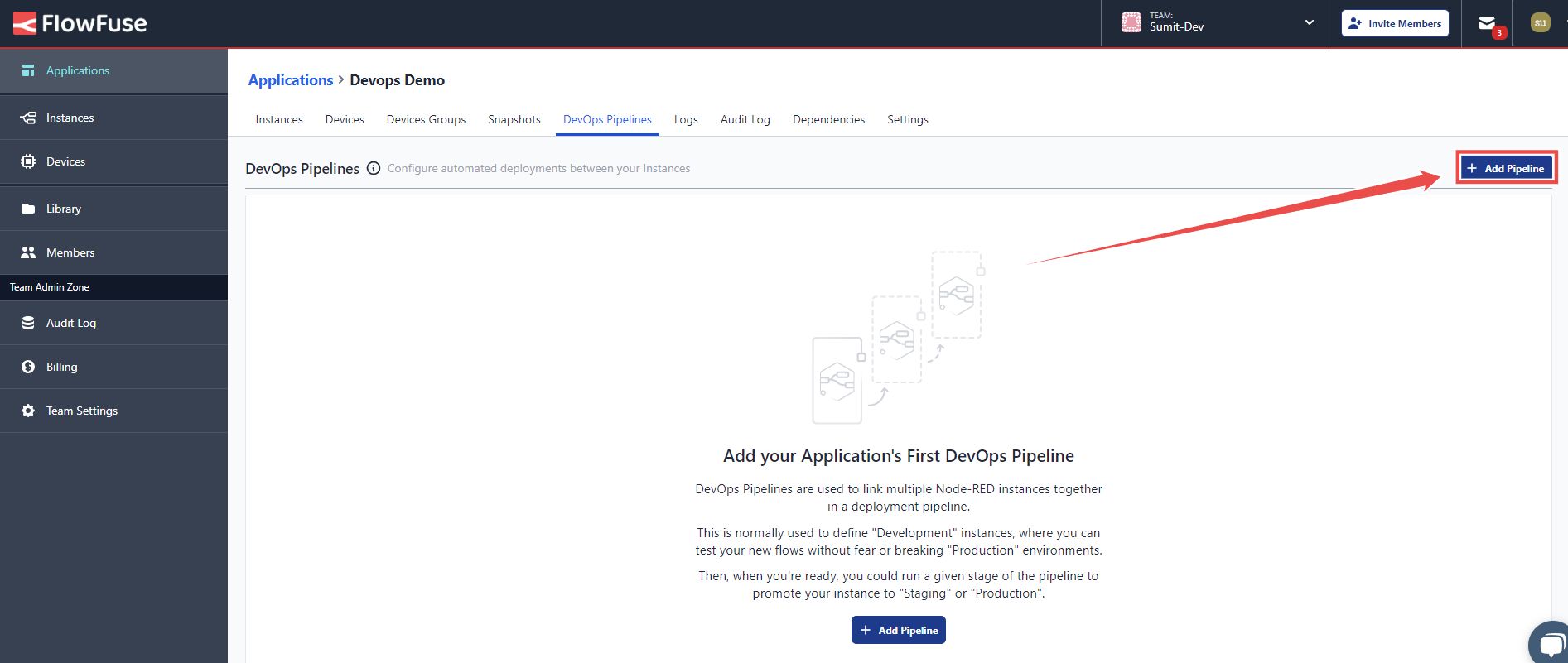 Screenshot of the FlowFuse dashboard with the 'Add Pipeline' button highlighted at the top-right corner