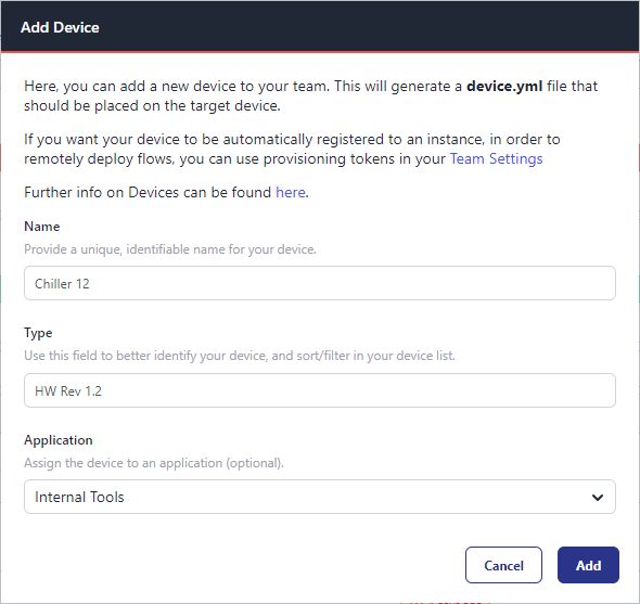 Screenshot of the dialog form to fill out when registering a Device