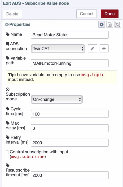 ADS Subscribe Value node configuration showing variable name, subscription mode set to On Change, and cycle time set to 100ms