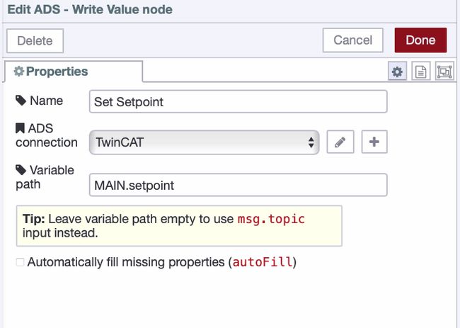 ADS Write Value node configuration showing variable name set to MAIN.setpoint with autoFill unchecked