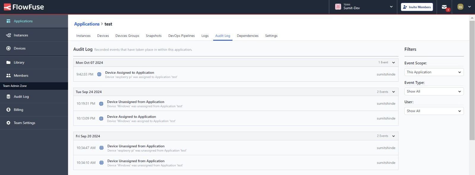 A screenshot of the audit logs in FlowFuse, displaying detailed records of changes made by users, ensuring accountability and security within the platform.