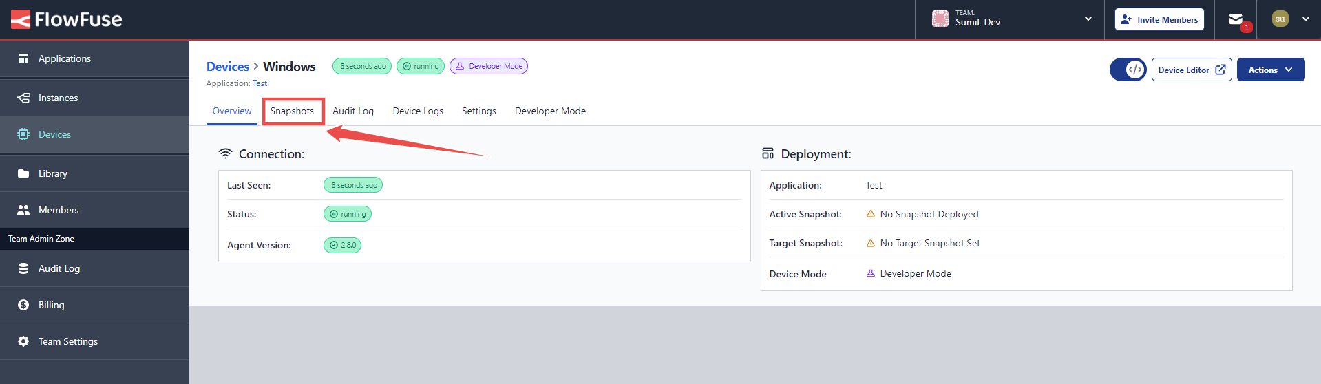 Image showing the option to switch to the Snapshots tab in FlowFuse Application Device.