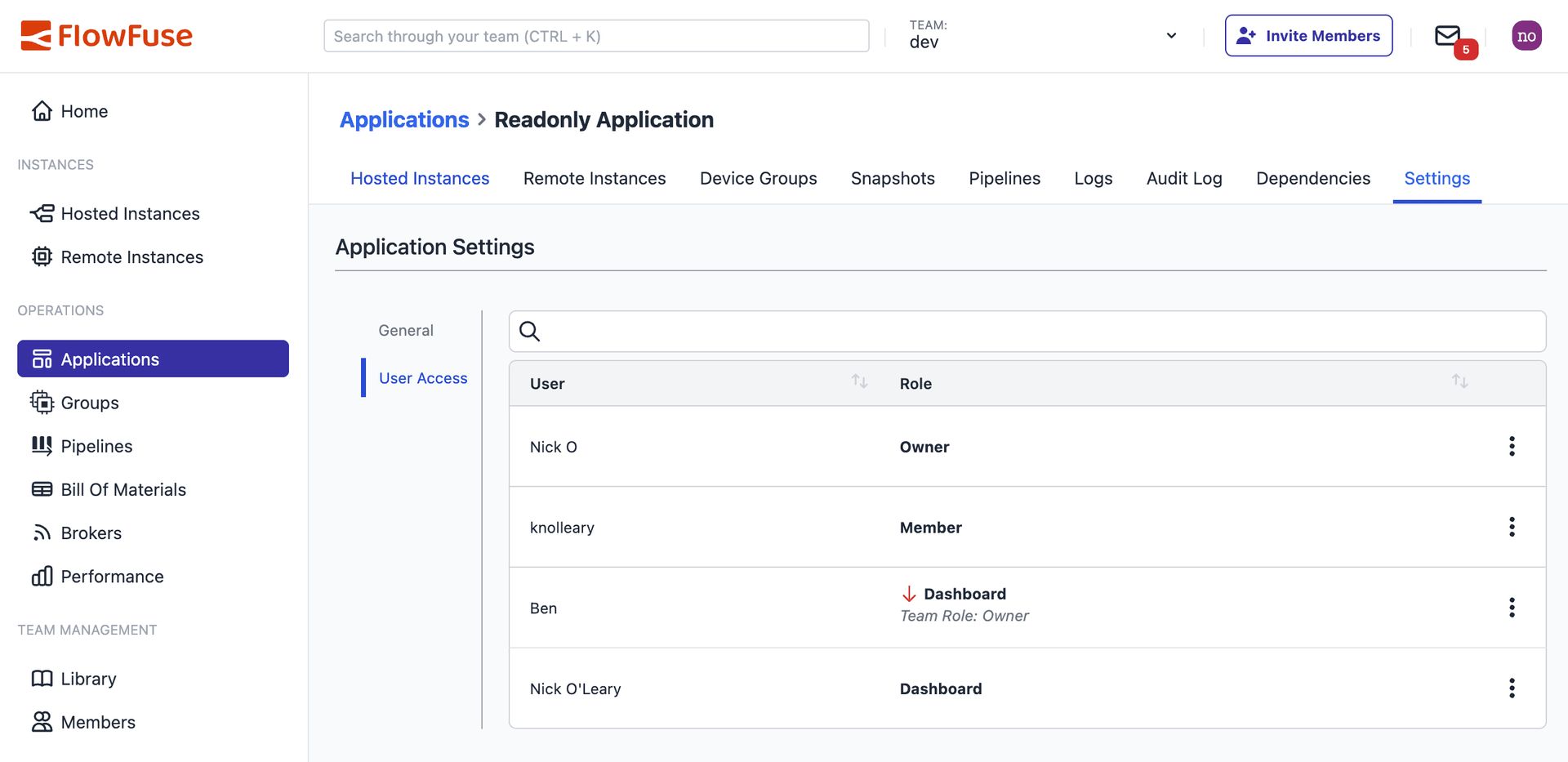 Application RBAC Settings