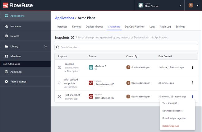Application Snapshots Table Menu