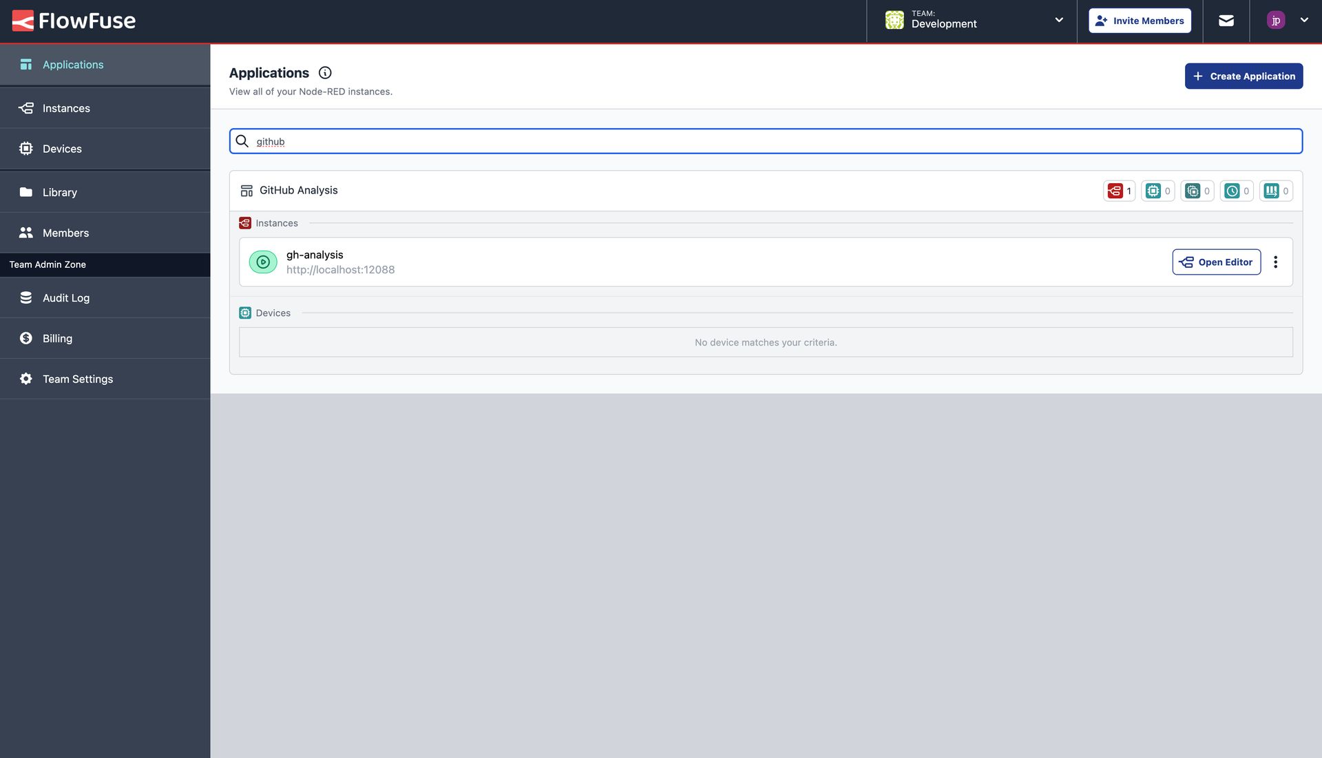 Screenshot showing the new Application Search feature in FlowFuse