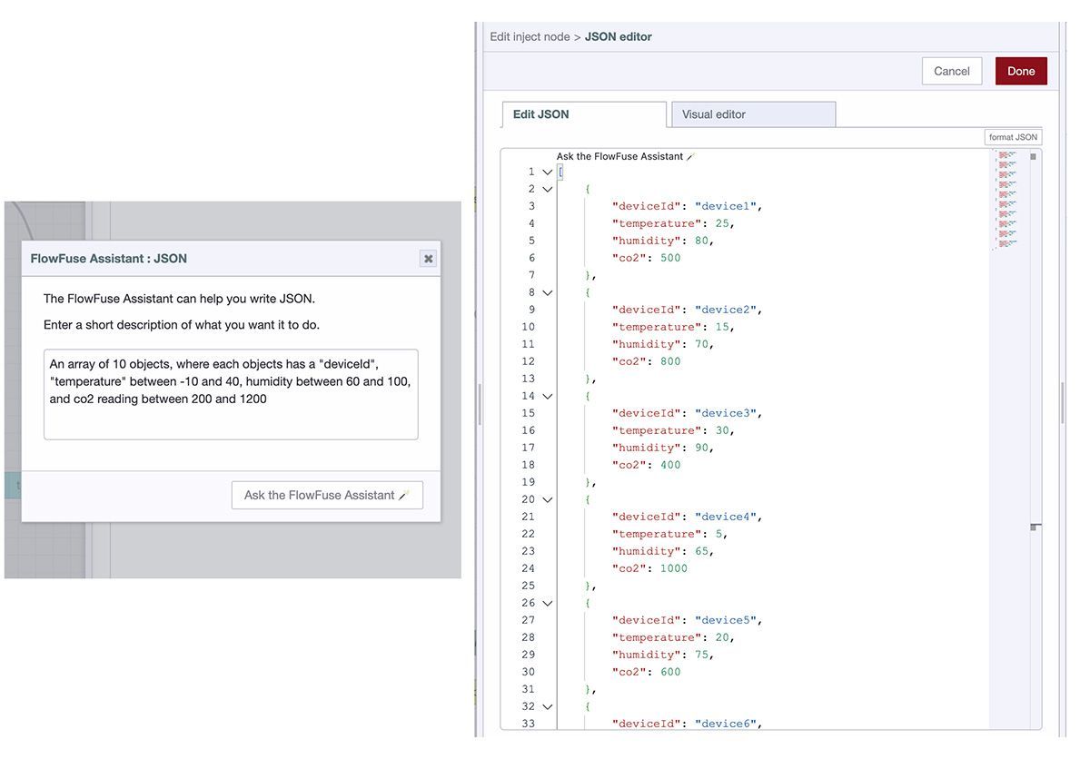 (Left) Screenshot of the AI prompt input for a list of simulated devices and (Right) the resulting JSON generated by the FlowFuse Assistant