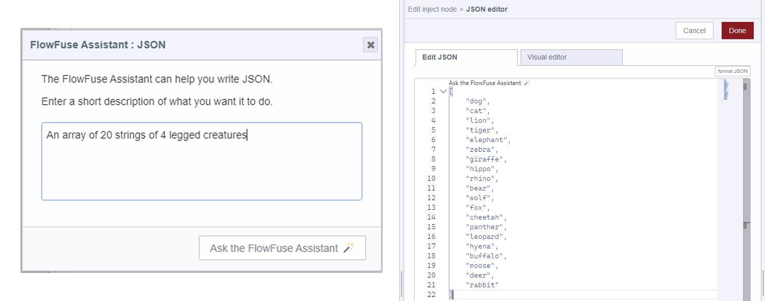 (Left) Screenshot of the AI prompt for a list of 4-legged creatures and (Right) the resulting JSON generated by the FlowFuse Assistant