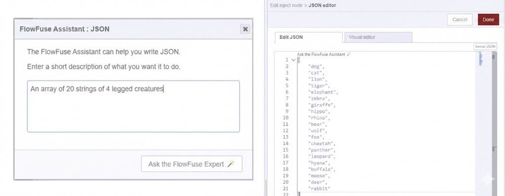 (Left) Screenshot of the AI prompt for a list of 4-legged creatures and (Right) the resulting JSON generated by the FlowFuse Expert