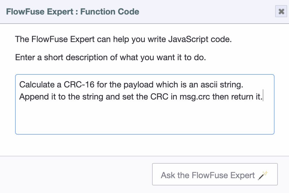 Screenshot showing the "FlowFuse Expert" dialog box