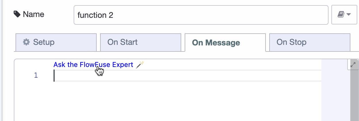 Screenshot showing the "Ask the FlowFuse Expert" button available in the function node
