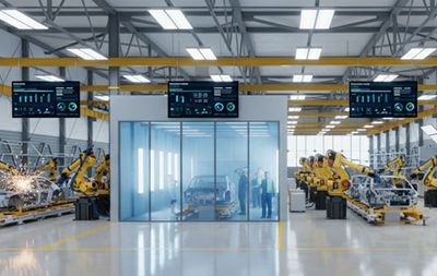 Vehicle manufacturing quality inspection area with production dashboards supporting traceability and quality containment workflows.