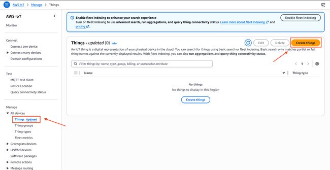 "AWS IoT Core Things page with the Create things button highlighted in the top right corner"