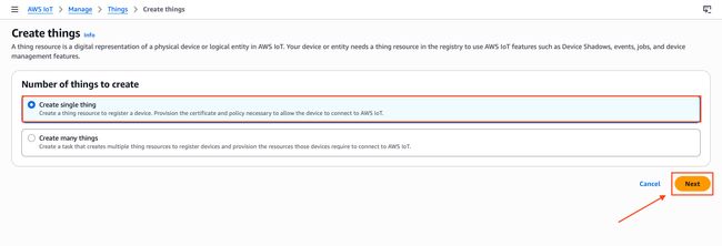 "AWS IoT Core setup wizard showing the Create a single thing option selected"