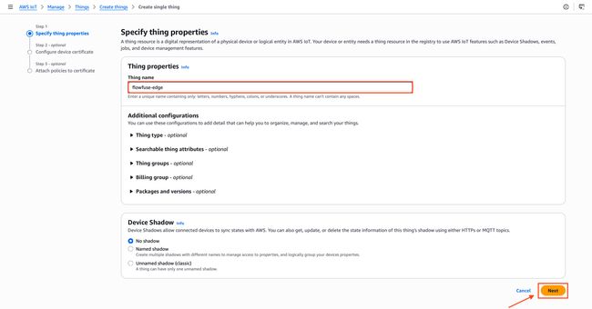 "AWS IoT Core Thing configuration page with flowfuse-edge entered in the Thing name field"