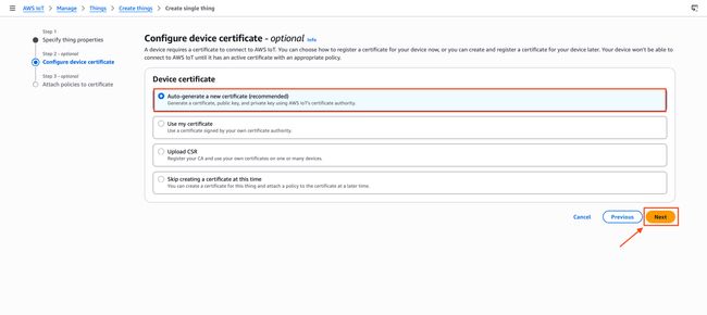 "AWS IoT Core certificate creation page with Auto-generate a new certificate option selected"