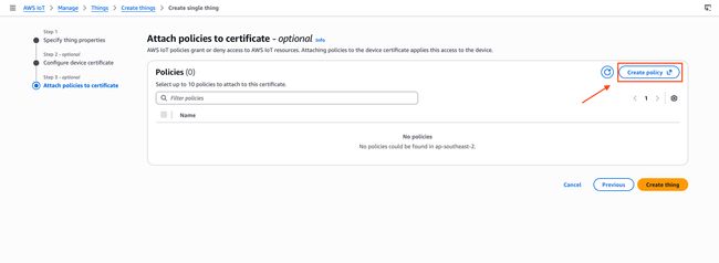 "AWS IoT Core policy attachment screen with the Create policy button visible in the top right"