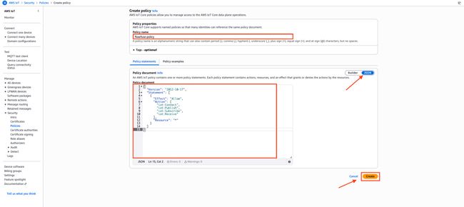 "AWS IoT Core policy editor in JSON mode with the flowfuse-policy name entered and the permission JSON pasted in"