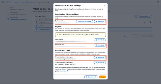 "AWS IoT Core certificate download screen showing the device certificate, private key, and Root CA download buttons"