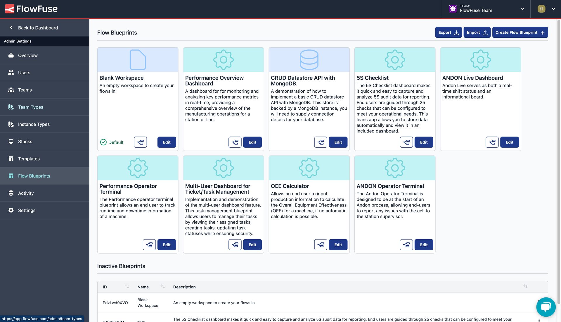 Screenshot showing the admin page for "Flow Blueprints" with the new "Import"/"Export" buttons