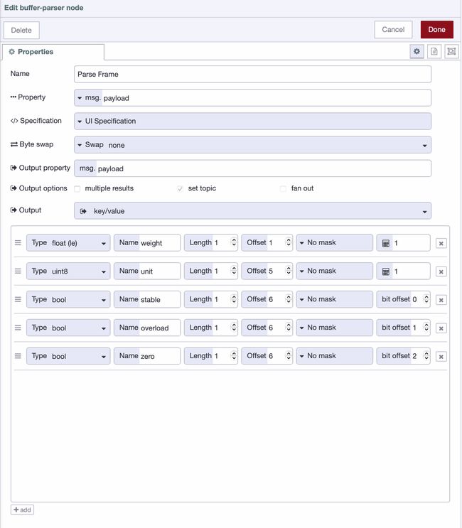 Buffer Parser node configuration showing weight, unit, and status flag fields mapped to their respective byte offsets