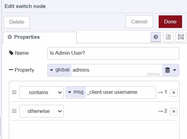"Screenshot displaying the switch node which checks whether the logged-in user's username is contained in the admin list or not"