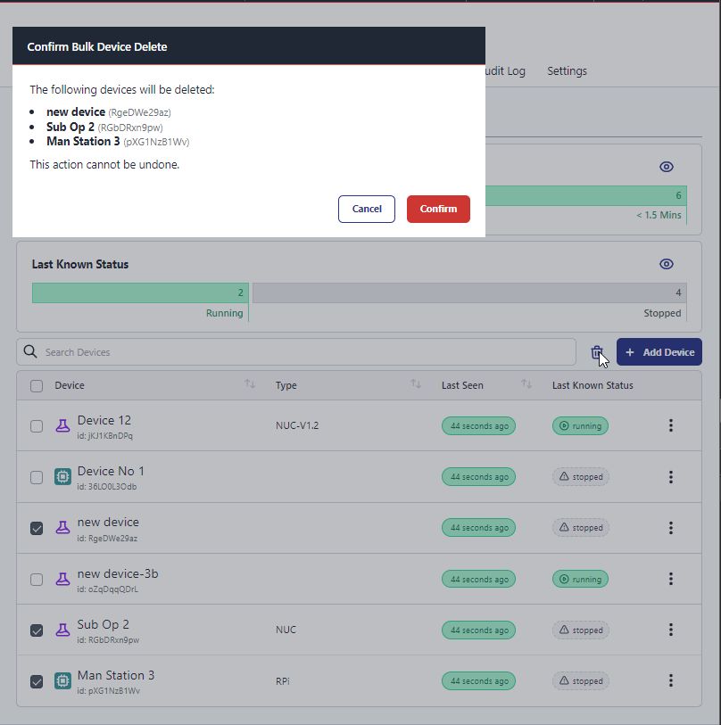 Screenshot showing the new Bulk Device Actions feature in FlowFuse