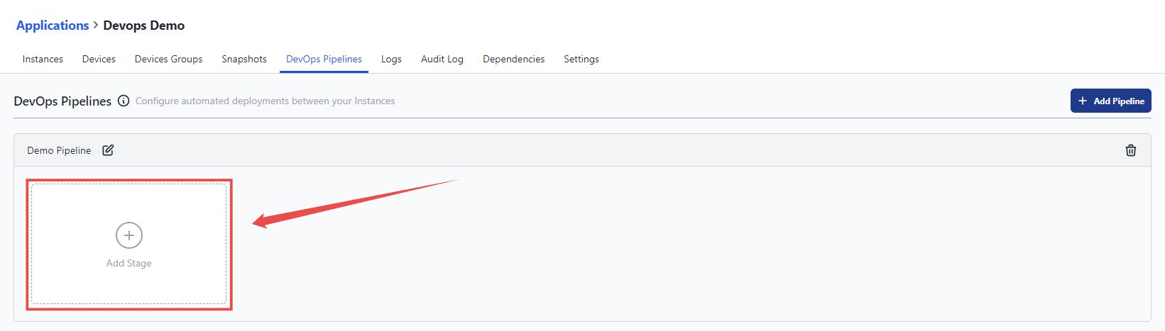 Screenshot highlighting the button to add stages within a DevOps pipeline in FlowFuse.