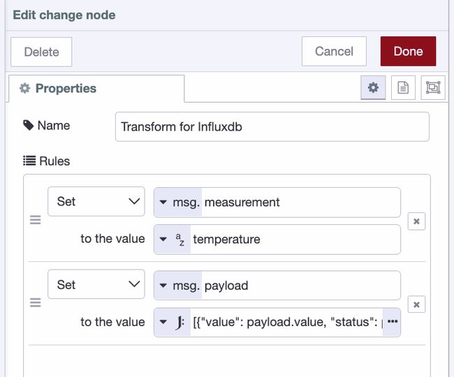 Change node in Node-RED configured with rules to transform the MQTT payload into the InfluxDB structure.