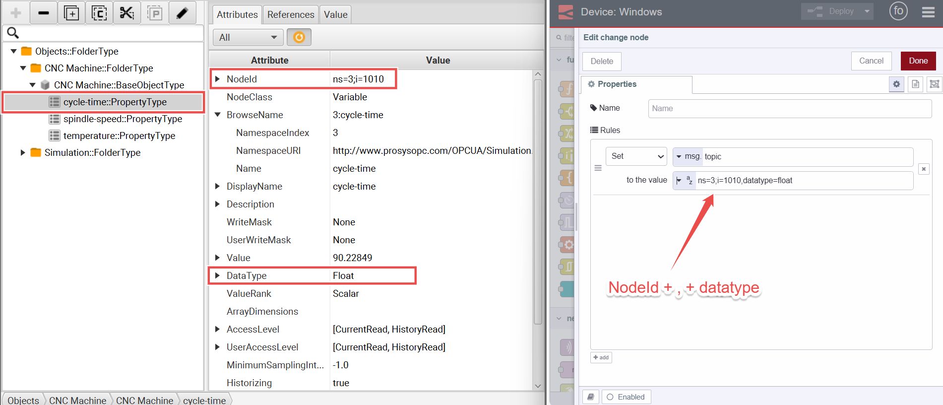 (Left) Image of the Change node setting the 'msg.topic' to retrieve the cycle time data and (Right) the OPC UA Prosys interface.