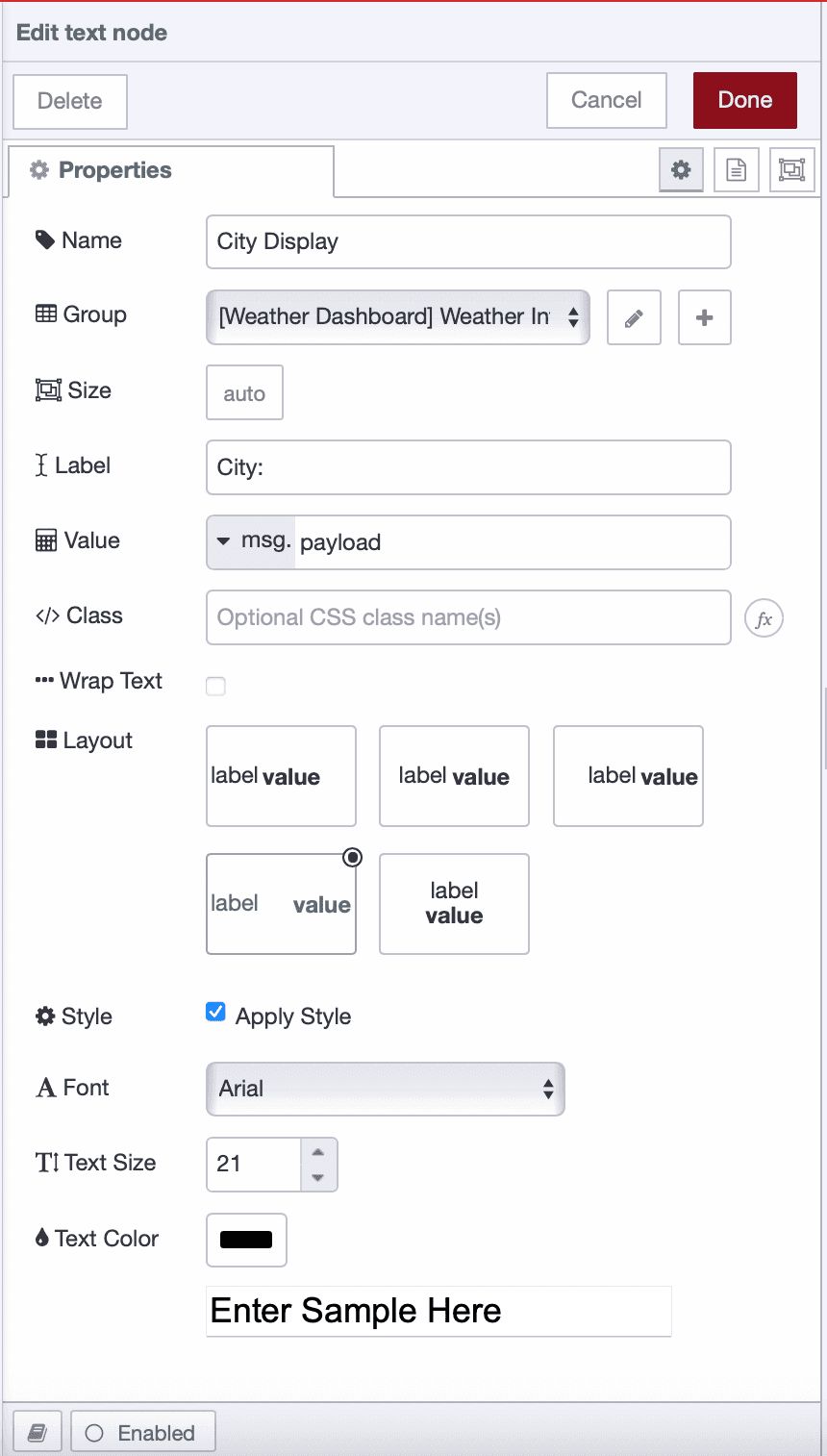 UI text node configured to display city name in Weather Info group