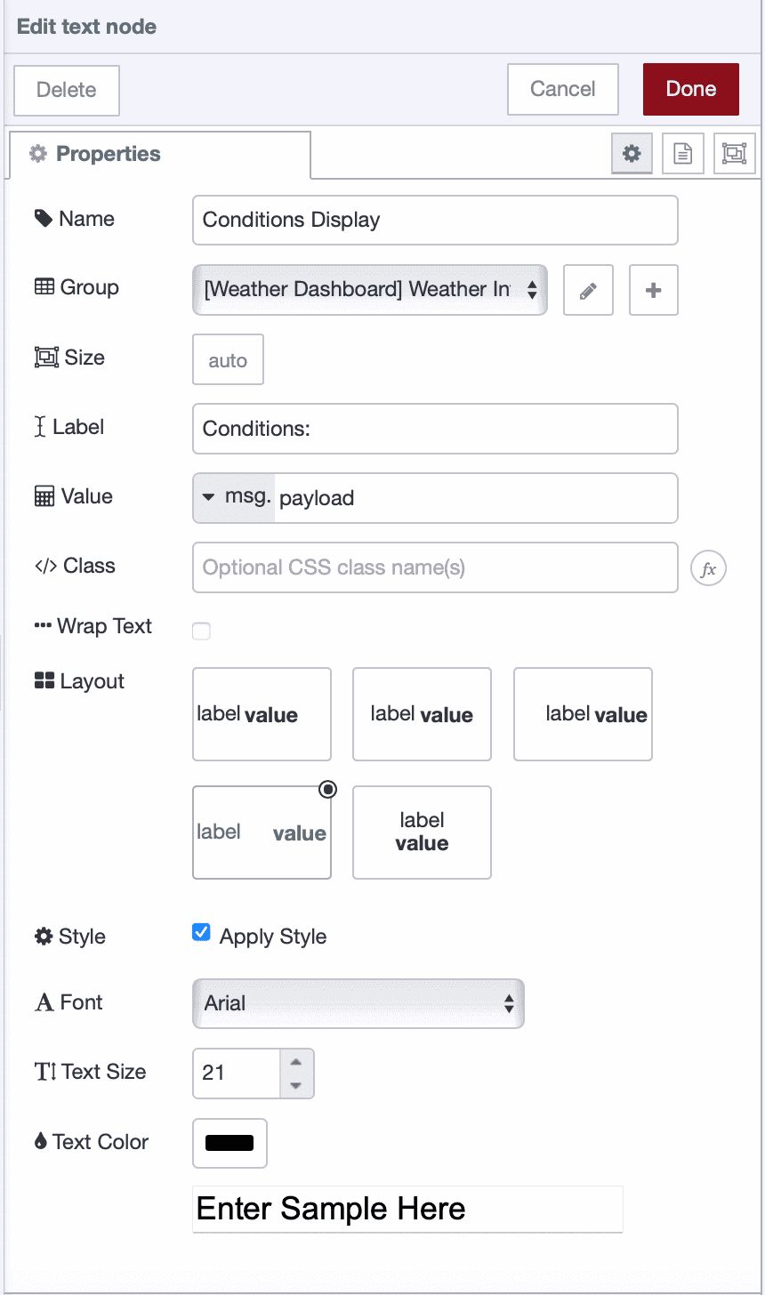 UI text node configured to display weather conditions