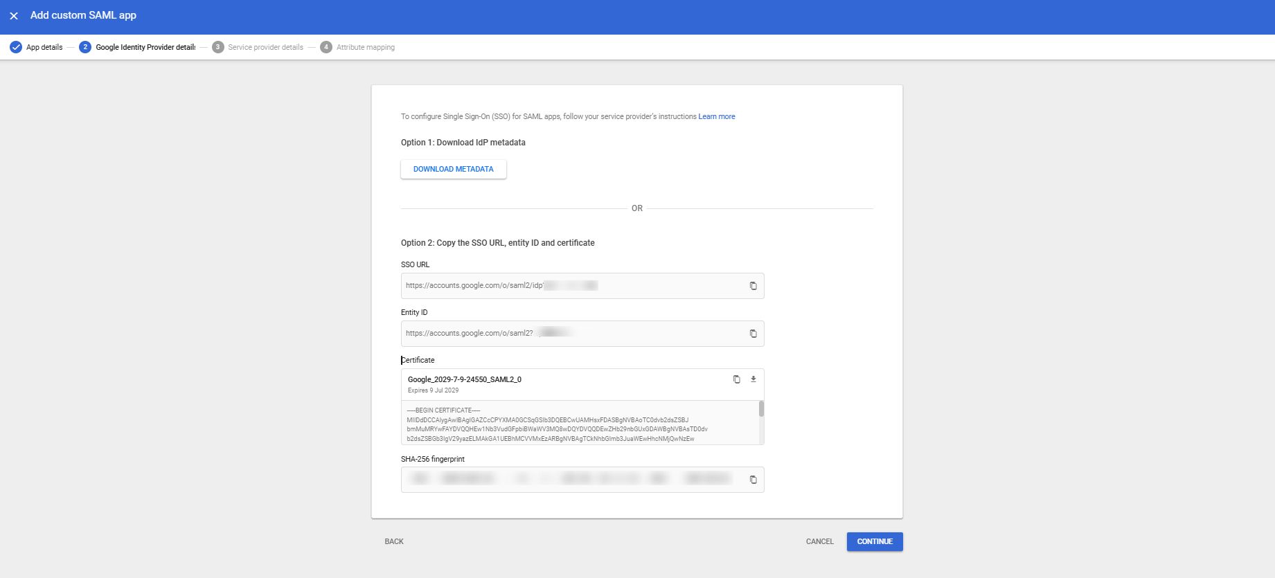 "Screenshot configuration provided the Google workspace admin console for SSO SAML"