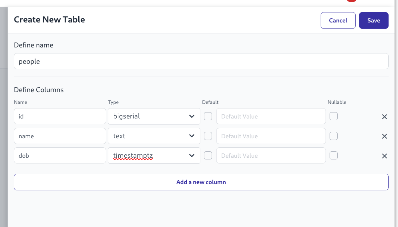 Screenshot of create tables wizard