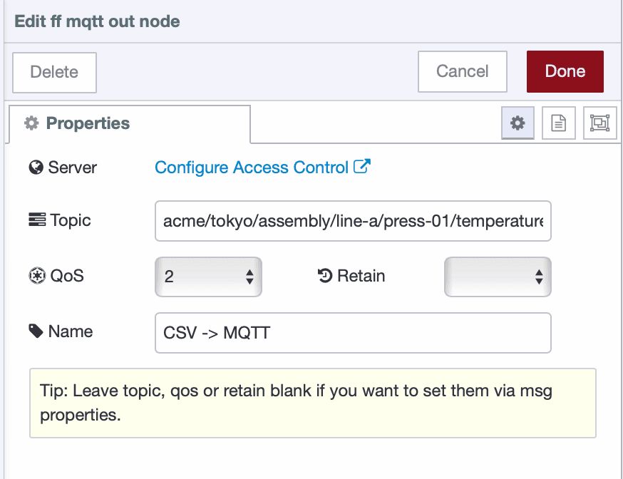 Configuring the MQTT Out node