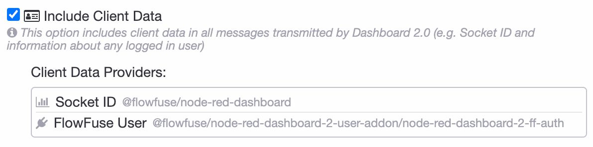 Screenshot showing "FlowFuse User" being appended to `_client` by the FlowFuse User Addon