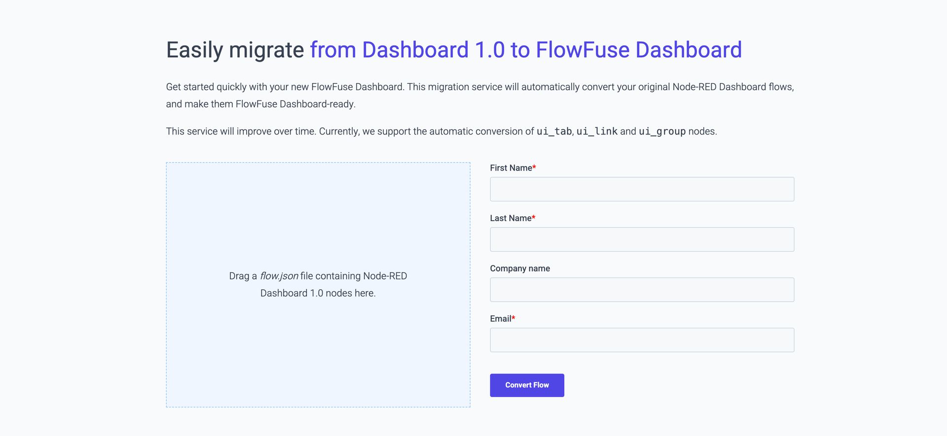 Screenshot showing the Dashboard Migration Service available on FlowFuse's website